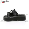 Slippers Sorphio Summer Double Strap Buckles Platform Wedges Fashion Goth Slippers Women's Metal Sandal för Comfy Black Shoes 230714