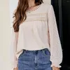 Damesblouses chiffon patchwork kanten blouse ronde hals bloemblaadje lange mouwen T-shirt effen kleur losse doorschijnende tops dameskleding