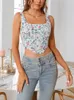 Kobiety dla kobiet Camis Asia Floral Corset Top Printed Patch Work Zipper Boning 2-Wayer Ultra-Thin odpowiednie do uprawy Can Top Unikalne żółte Kami Top Y2K Top Women 230714