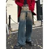 남자 청바지 foufurieux 포켓 맨 하이 스트리트 스트레이트 넓은 다리 바지 2023 스프링 가을 빈티지 대비 컬러 남성 바지 패션