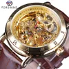 Forsining Retro número romano cuero marrón flor real mecánico esqueleto transparente hombres relojes automáticos marca superior Luxury2563