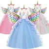 Flickans klänningar enhörning klänning för flickor födelsedagsfestkläder broderi blomma bollklänning för barn regnbåge formella prinsessa barn kostym 230714