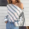 Dames Blouses Shirts Zomer Vrouwen Nieuwe Gestreepte Losse Blouse Mode Dame Off Shoder Lace Up Vrouwelijke Elegante Tops Lange Mouw Chic Dhcoy