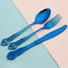 Servis uppsättningar 8st blå rostfritt stål bestick set vintage knivgaffel dessert sked bordsvarig lång kakor flatvaror