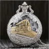 Vintage srebrny czarujący złoty pociąg rzeźbiony otwiera się pusty kwarcowy kwarcowy zegar kieszonkowy mężczyzna mężczyźni kobiety naszyjnik wisiorek prezenty 2652