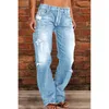 Women's Jeans Fashion Stretch Mid-Waist Straight Women Casual Stitching Denim Pants Washable Broken Holes