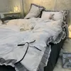 Sängkläder sätter nordiskt grå täcke täcker koreansk prinsess bow spets flicka enkel fast färg sängkläder dekor sovrum