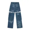 Mannen Jeans Cargo Broek Man High Street Europese Amerikaanse Zakken Gesplitst Bekrast Gebleekt Recht Losse Denim Afneembare Broek