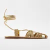 Gai Gai Golden Knitted Women Sandals Sandals Cross Summer Buty plażowe Kobieta pusta płaska śliski koronkowe mieszkania bohemian slajdy 230713