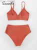 Kvinnors badkläder Seaselfie Sexig Twisted Tank Top High midja Bikini Set badkläder Kvinnors badkläder 2023 Pure Red V-Neck Bikini Beach Suit Z230714