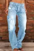 Women's Jeans Fashion Stretch Mid-Waist Straight Women Casual Stitching Denim Pants Washable Broken Holes