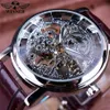 Winnaar Royal Carving Skeleton Bruine Lederen Band Transparant Dunne Case Skeleton Design Horloge Horloges Mannen Merk Luxe Klok Men253c