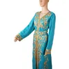 Etnische Kleding Kaftan Turquoise Dubai Robe Lange mouw V-hals Mode Borduurwerk Marokkaanse Kurtas