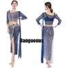 Stage Wear Belly Dance Top Skirt 2 Piece Set Sequin Embroidery Mesh Hip Scarf Sexy Elegant Fairy Exercise Suit Blue