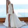 Sexy Summer Short Mini Wedding Dresses with Detachable Train Satin Long Train Bridal Wedding Gowns Lace Up Back Formal Dress290S