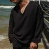 Camisetas masculinas 2023 nova venda quente de linho tops masculinos verão decote em v manga comprida estilo praia pulôver simples casual cor sólida camisetas masculinas soltas l230713