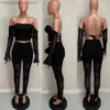 Kvinnors tvåbitar byxor Sexig Sheer Mesh Se genom två stycken Set Women Festival Clothing Set Slash Neck Crop Top och staplade leggings Set Club Outfits T230714