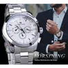 Forsining Silver White Male Mechanical Watch 3 Sub Dial Luminous Hands Date Stainless Steel Band Man Business Sport Montre Homme242I