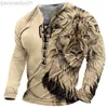 Men's T-Shirts Fashion Lion Print Loose Long Sleeve T Shirts Men Spring Summer Vintage Drawstring Tie-up V Neck Tees Mens Clothes Casual Tops L230713