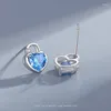 Boucles d'oreilles femmes 925 pur argent oreille en forme de coeur serrure ensemble avec bleu Zircon bijoux de mode Couple doux cadeau romantique