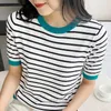 Damska koszulka z krótkim rękawem Tshirt Striped Podstawowy elegancki elegancki allmatch harajuku retro bawełniany nachodzi modne luźne wypoczynek