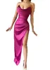 Fuschia Sexy Plus Size Sheath Prom Dresses Satin Draped Pleats Strapless High Side Split Formal Ocns Wear Birthday Celebrity Pageant Evening Gowns Custom