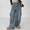 Femmes Baggy Jeans Taille Basse Grandes Poches Lâche Hip Hop Grunge Jeans Pantalon