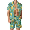 Erkeklerin Trailtsits Limon Ağacı Erkekler Setler Çiçek ve Yaprak Baskı Modaya Gizli Gömlek Set Kısa Kollu Grafik Şort Yaz Plajı Takım Büyük Boyut