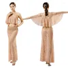 Stage Wear Femmes Costume De Danse Du Ventre Lady Moderne Oriental Dancewaer Robe De Soirée En Dentelle 2 Pièces Sling Off-the-shoulder Blouse Jupe Longue