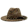 Herren Jazz Fedora Hüte Gentleman Baumwolle Winter Frauen Leopard print perle Breite Krempe Top Hut Chapeau Femme