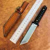 JUC7150 Couteau droit de survie en plein air D2 Tanto Point Blade Full Tang Manche en bois Couteaux à lame fixe avec gaine en cuir