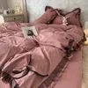Sängkläder sätter nordiskt grå täcke täcker koreansk prinsess bow spets flicka enkel fast färg sängkläder dekor sovrum