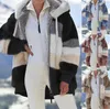 QNPQYX hiver femmes en peluche manteau mode à capuche vestes à glissière décontracté surdimensionné couture Plaid fausse fourrure chaude dames Parka veste