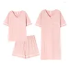 Women's Sleepwear Summer Cotton Pajamas Sets Women V Neck Short Sleeve Tops Pants Dress 3 Cute Print Cozy Home Clothes Nightgown