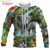 Erkek Hoodies Sweatshirts Erkek Çoraplar HX Hayvan Sweatshirt 3D Baskı Tropikal Bitki Parrot Fil Hoodie Zipper Coat Erkekler Spor Giyim S-7XL Z230720