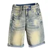 Mäns jeans sommarshorts sträcker män denim retro blå smala raka modefickor deserings streetwear lapptäcke kpop