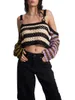 Pulls pour femmes ZZLBUF Femmes Tricot Crochet Crop Tops Manches Longues Contraste Couleur Stripe Off Épaule Lâche T-Shirts StreetwearZZLBUF