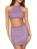 Robe Deux Pièces Boho Chic 2 Pièces Jupe En Tricot Au Crochet Ensemble Avec Halter Crop Tank Et Tassel - Sexy Hollow Out Stripe Sleeveless Beach