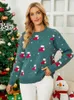女性のセータースーパーシッククリスマスプルオーバー女性編みセーターラウンドネックスノーフレークパターン