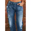 Women's Jeans Fashion Stretch Mid-Waist Straight Women Casual Stitching Denim Pants Washable Broken Holes