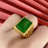 Anéis Cluster Vintage Quadrado Verde Jade Ágata Esmeralda Pedras Preciosas Diamantes Bague Para Homens Joias Cheias De Ouro 18k Bandas Acessórios Legais