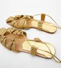 GAI Goldene Gestrickte Frauen Sandalen Cross Strap Sommer Strand Schuhe Frau Aushöhlen Flache Slipper Lace-up Wohnungen Böhmischen Rutschen 230713 GAI