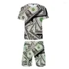 Survêtements pour hommes USD Dollar Money impression 3D T-shirt à manches courtes et Shorts de plage deux pièces ensemble costume survêtement décontracté vêtements de sport