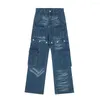 Mannen Jeans Cargo Broek Man High Street Europese Amerikaanse Zakken Gesplitst Bekrast Gebleekt Recht Losse Denim Afneembare Broek