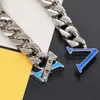 Europe America Fashion Chain Necklace Bracelet Men Women Silver-Colour Metal Enamel V Letter Thick Chain Jewelry Sets M00907 M0919M