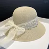 Breite Krempe Hüte Bogen Knoten Perle Sonnenschutz Frauen Sommer Strohhut Frühling Schatten Einfarbig Strand Kappe