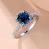 Wedding Rings Round Royal Blue Green Stone Square For Women Silver Color Metal Vintage Zircon Bands Female Engagement Jewelry CZ