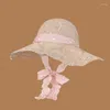 Wide Brim Hats Japanese Sweet Hand-woven Pink Bow Streamer Straw Hat Women's Summer Vacation Beach Big Eaves Sun Protection Cap