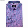 メンズカジュアルシャツハイタイブランドの新しいシルクメンズシャツ長袖スリムフィットゴールドブルーレッドベージュブルゴーニュピンクピンク紫色の男性用T230714