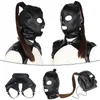 Masques de fête Latex unisexe capuche masque Sexy cuir PU hommes femmes Cosplay flirtant cheveux queue poitrine ceinture couvre-chef accessoire 230713